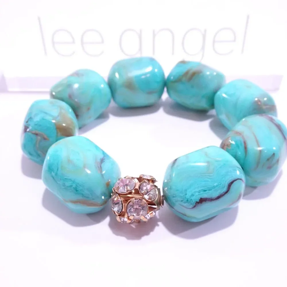 Lee Angel Women's Turq Swirl Marble Stone Fireball Stretch Bracelet NWT 125